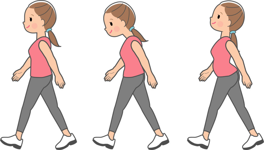 良い姿勢の歩行と悪い姿勢の歩行（猫背・反り腰）の違いを示すイラスト